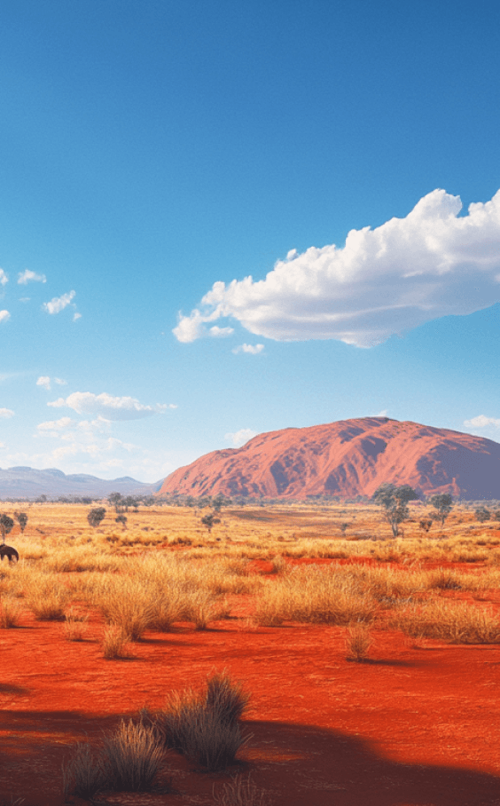 Dramatic Australian Outback with iconic Uluru rock formation under a vivid blue sky.