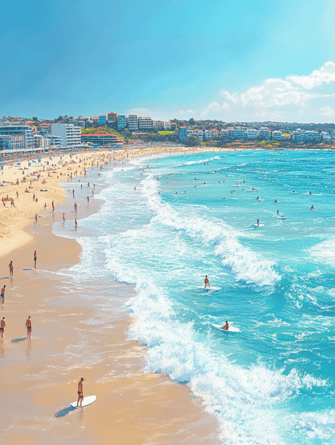 Bondi Beach in Sydney, Australia, with surfers and sunbathers enjoying the golden sands and turquoise waters.
