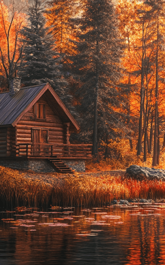 A vibrant Canadian maple forest in autumn, with orange and red leaves, a serene lake reflecting the surrounding trees, and a cozy wooden cabin.