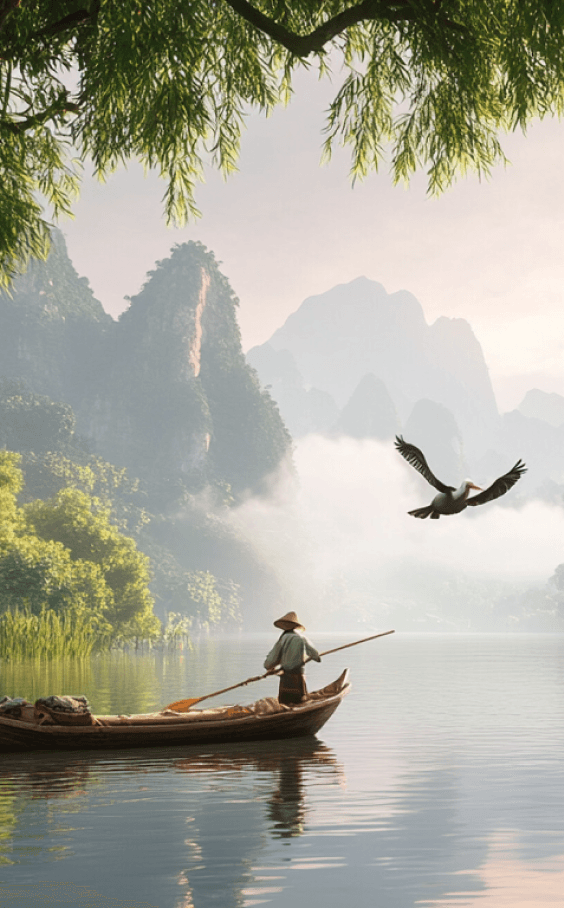 Serene traditional Chinese pagoda surrounded by misty mountains and autumn foliage.