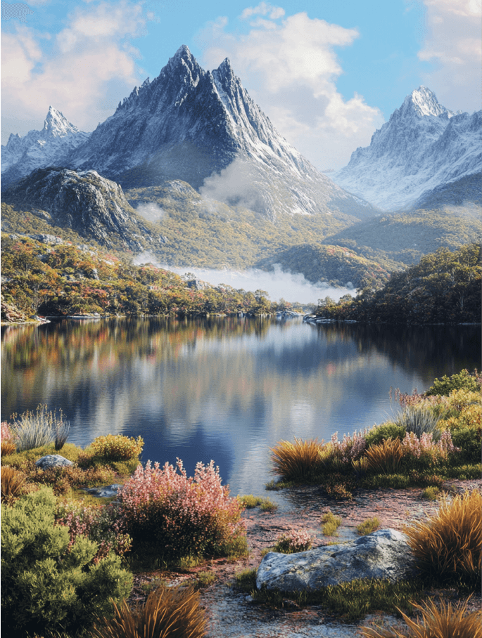 Cradle Mountain in Tasmania, Australia, with snow-capped peaks, a tranquil lake, and colorful wildflowers in the foreground.