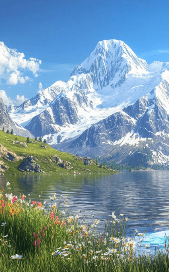 A serene alpine lake surrounded by wildflowers, with snow-capped mountains in the background.