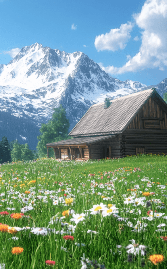 Bavarian Alps with a mountain lake, dense forests, and charming wooden huts.