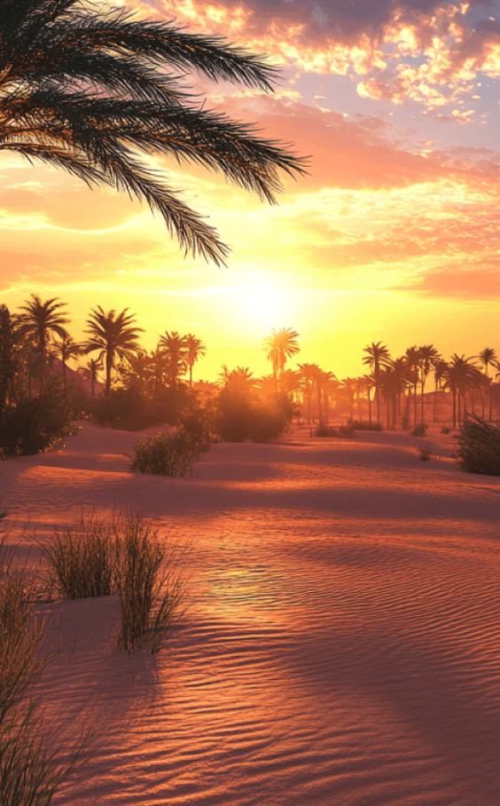 Golden sand dunes in Rajasthan with a camel caravan under twilight skies.