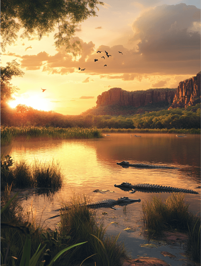 Kakadu National Park at sunset, featuring serene wetlands, vibrant birdlife, and crocodiles in Australia's Northern Territory.