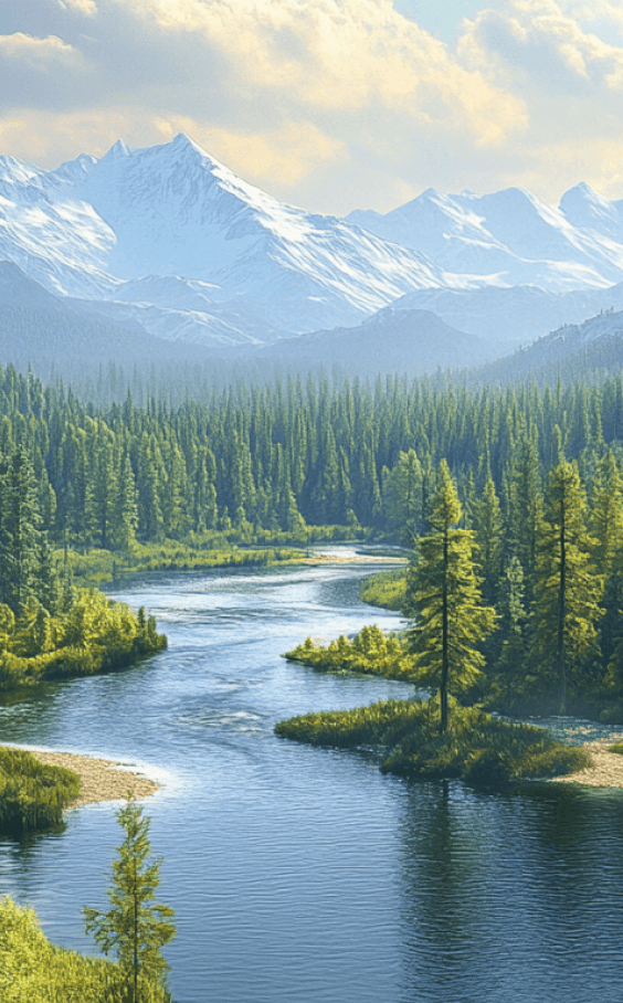 A winding river cutting through the dense Russian Taiga forest, with distant snow-capped mountains under a bright sky.