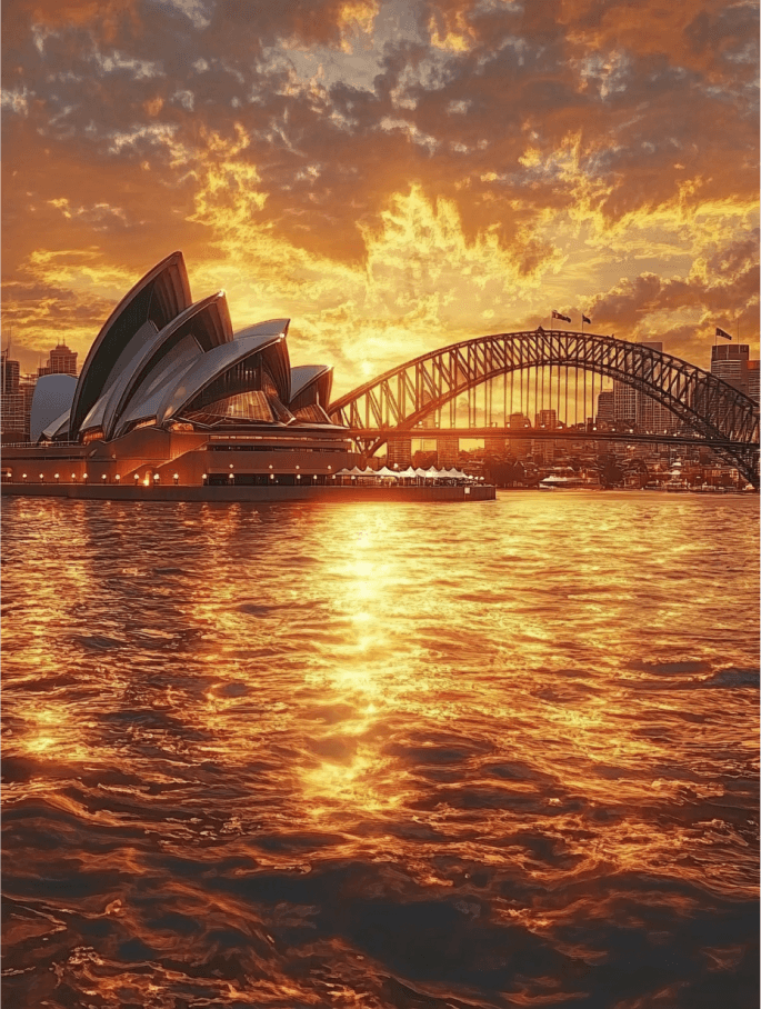 Sydney Harbour at sunset, featuring the iconic Sydney Opera House and Harbour Bridge with golden reflections on the water.