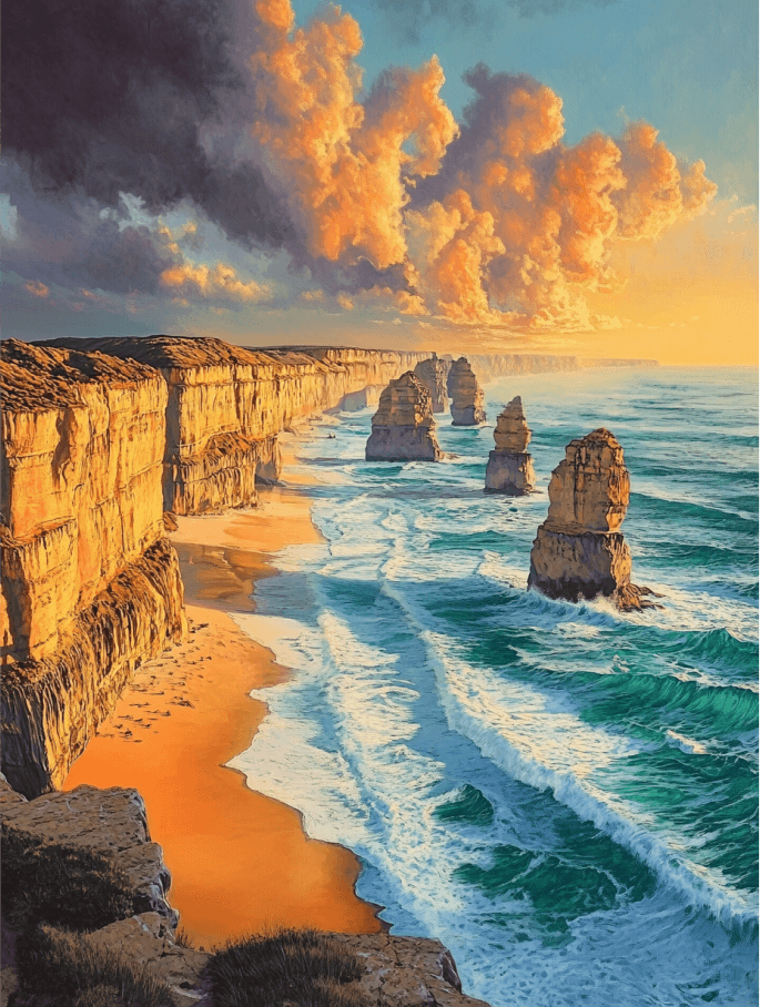 The Twelve Apostles on the Great Ocean Road in Victoria, Australia, with dramatic limestone stacks rising from the ocean.