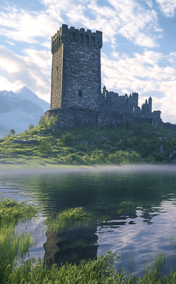 Scottish Highlands with rugged mountains, a loch, and a stone castle.