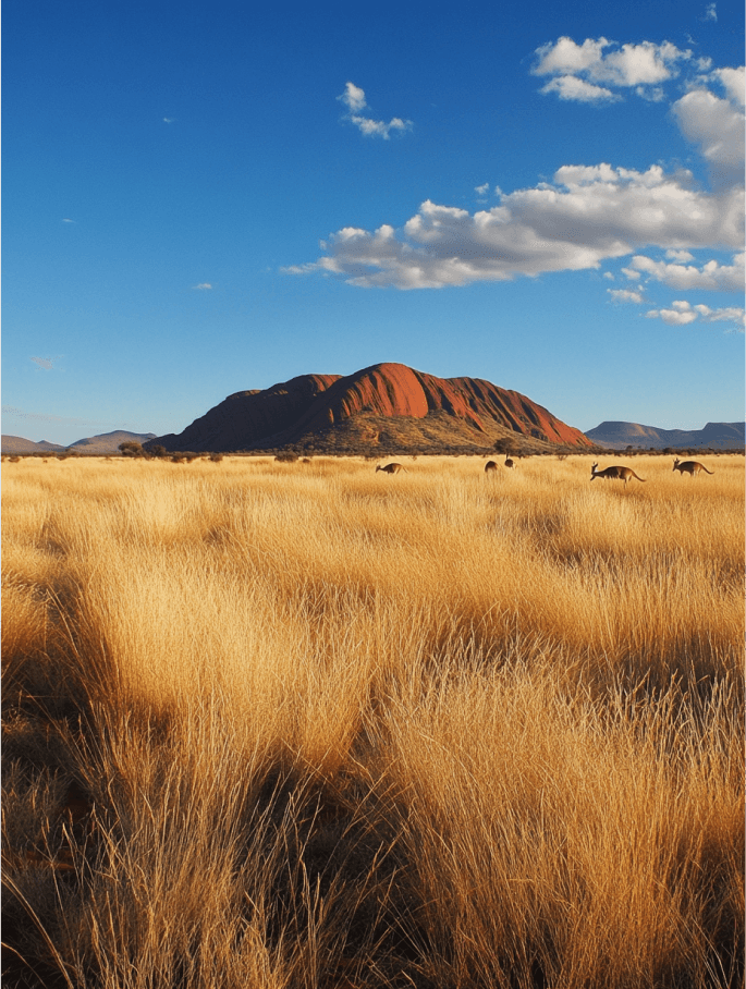 Majestic Uluru at sunrise surrounded by golden grasses and kangaroos in the Australian Outback under a vibrant blue sky.